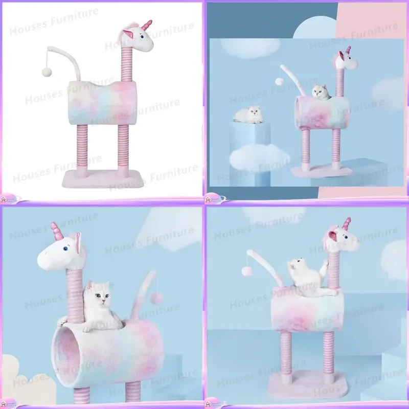 Pink Purple Unicorn Cat Tree House for Cats with Scratching Posts Sisal Rope Condo Tower Climbing Perch Play Center Indoor