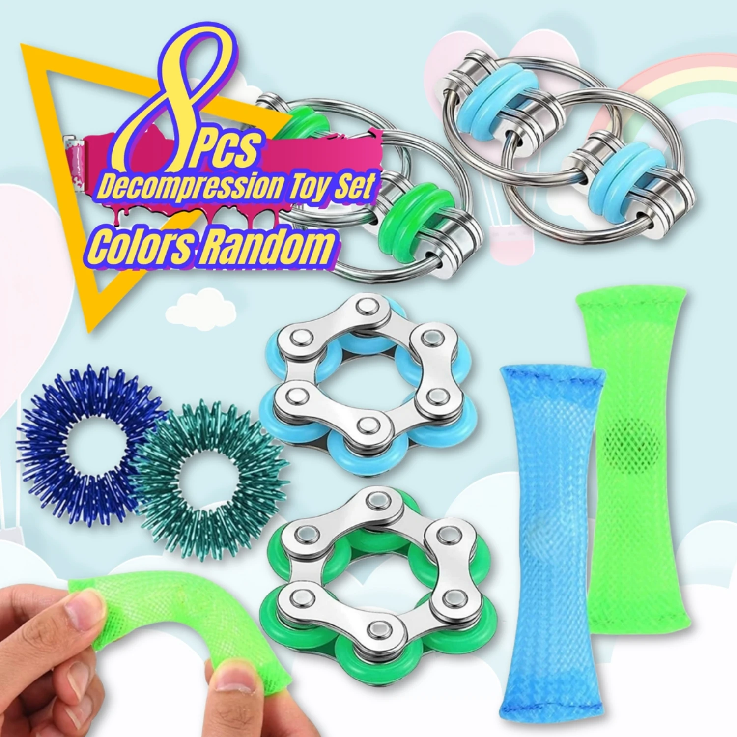 8 Pcs Hand Fidget Toys Roller Bicycle Bike Chain Fidget Spinner Flippy Chain Large Mesh Marble and Spiky Sensory Rings