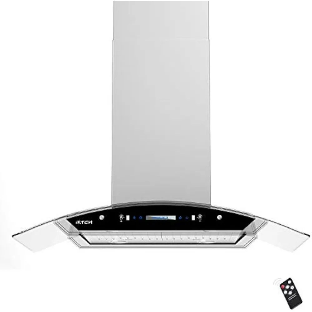 Aço inoxidável e vidro temperado Gama Hood, 30 em Island Mount, duto Range Hood com ventilador de 4 velocidades, 900 CFM