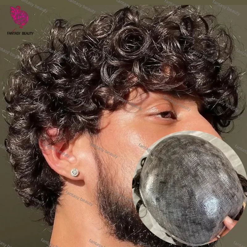 

Мужской капиллярный протез 20 мм вьющийся афро инъекционный мужской парик из искусственной кожи прочный 0,1 мм ультра тонкая кожа мужской лысый парик человеческие волосы