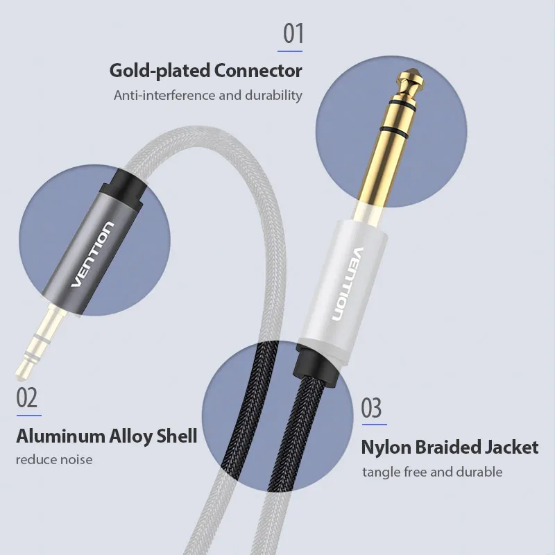 Vention Male to Male 3.5 mm to 6.35 mm Adapter Aux Cable for Mixer Amplifier Gold Plated 3.5 Jack to 6.5 Jack 3m 5m 10m Aux Cabo