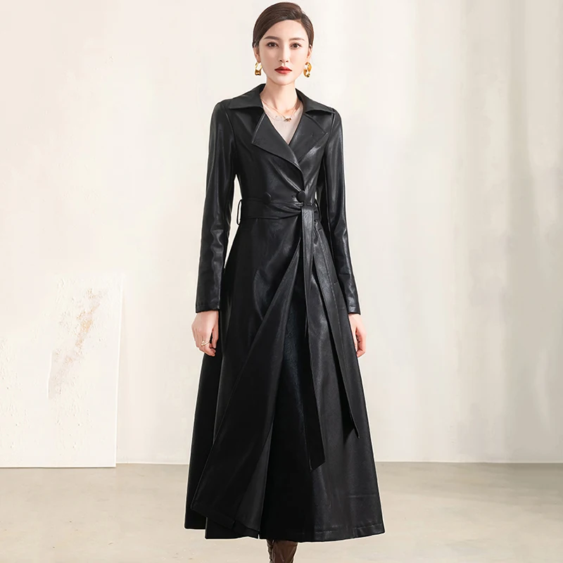 Pop Women Black Leather Overcoat Spring Nice Elegant Fashion Classic Simple Suit Collar Slim All-match Long Leather Coat