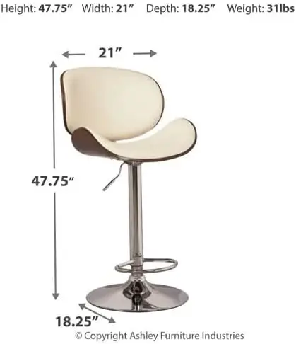 Mid-Century Modern 34" Adjustable Height Curved Bar Stool with Faux Leather Seat, Smooth Swivel and Foot Rest, Brown & White