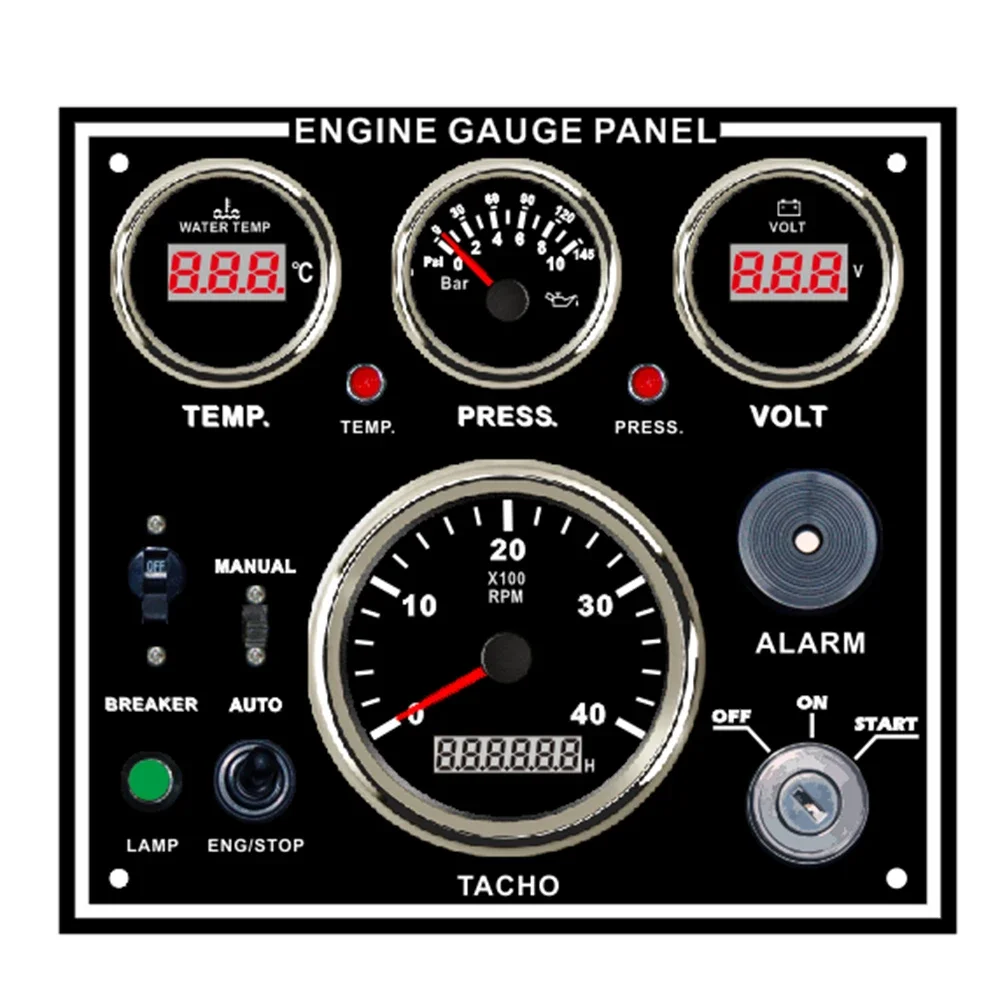 ELING 4 Gauge Set Instrument Panel with 0-4000RPM Tachometer Water Temp. Oil Pressure Voltmeter 220*200 mm for Boat Car 12V 24V
