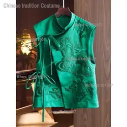 Chinese Style Top Women Tang Clothes Embroidery Phoenix Flower Qipao Lady Mandarin Collar Vest Vintage Clothing Casual Wear