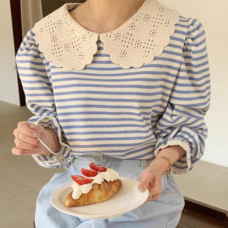 Preppy Style T Shirts Peter Pan Collar Puff Sleeve Striped Patchwork Design Tops Tees for Women Casual Loose All Match Clothing