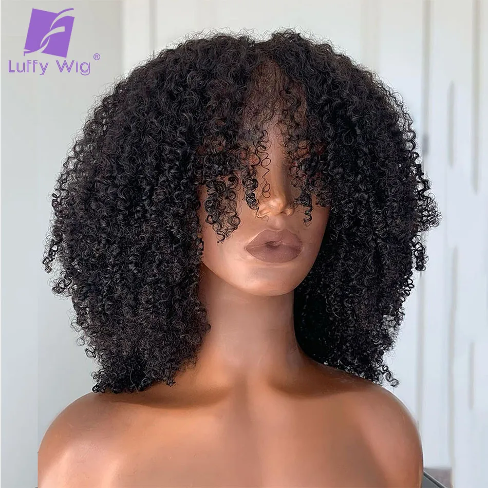 

Short Bob Wig With Bangs Water Curly 200Density Silk Scalp Top Full Machine Made Glueless Wigs Remy Brazilian Hair For Women