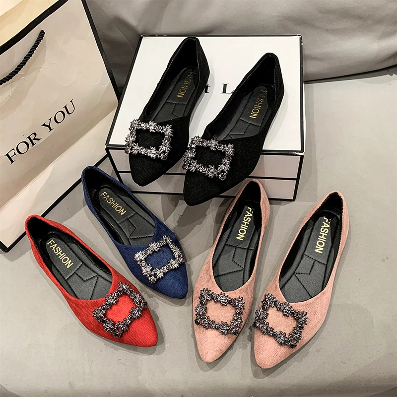 Women's Suede Dyed Flats Pointed Toe Loafers Wedding Bridesmaid Princess Dress Shoes High Quality Diamond Low Top Shoes