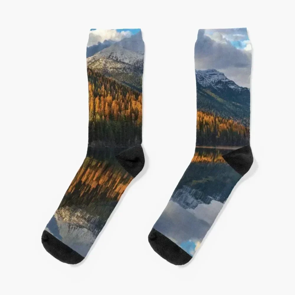 Mountain Peaks Reflect Into Bowman Lake In Autumn Glacier National Park Socks christmas gifts gym Men's Socks Women's