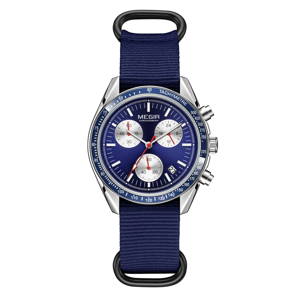 MEGIR Triple-eye Quartz Watch for Men's Nylon Braided Strap Waterproof Luminous Sports with Chronograph Fashion Wristwatch Male