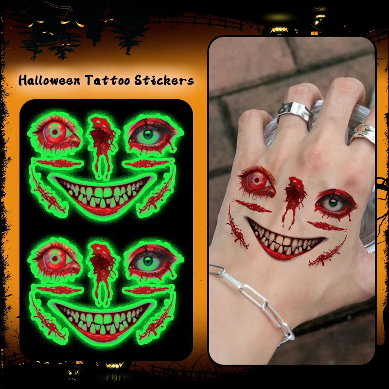 

1Pc Demon Face Glow-in-the-Dark Waterproof Temporary Tattoo Sticker, For Parties and Halloween Role-playing, Suitable For Face.