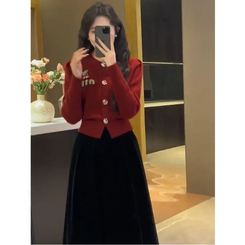 New Red Cherry Letter Embroidery Sweater Coat Spring Autumn O-neck Tops Women Y2k Long Sleeve Knitted Cardigan Korean Fashion