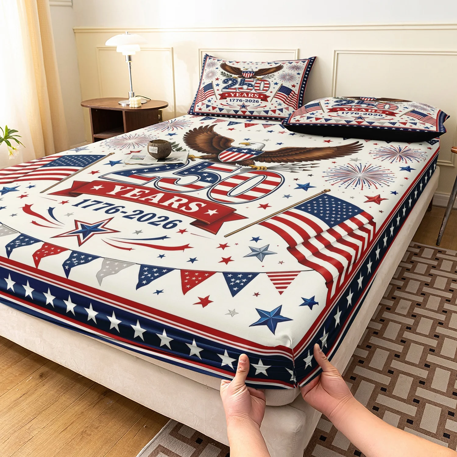 3 Pieces 250 Years 1776-2026 Bald Eagle Fitted Sheet Set, Patriotic American Flag Star Pennant Firework Ribbon Print Bedding