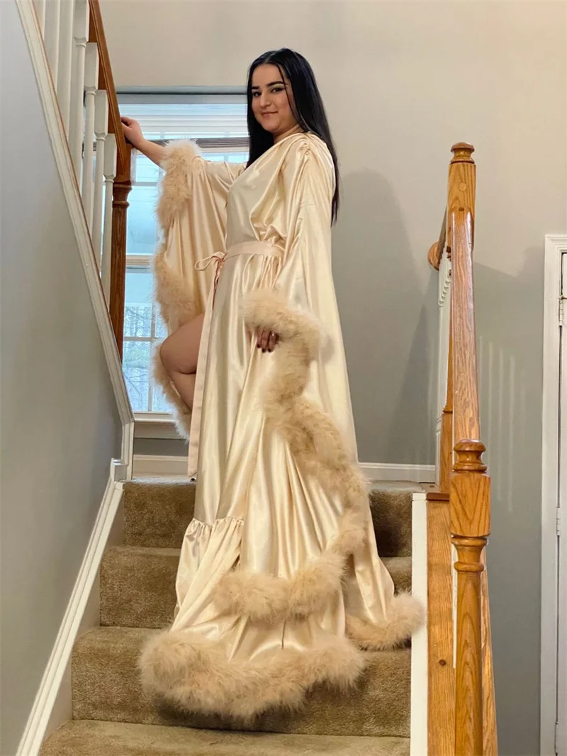 Satin Feather Women Wedding Prom Dress For Photo Shoot Sexy V Neck Full Sleeves Bridal Morning Robe Customized Party Night Gown