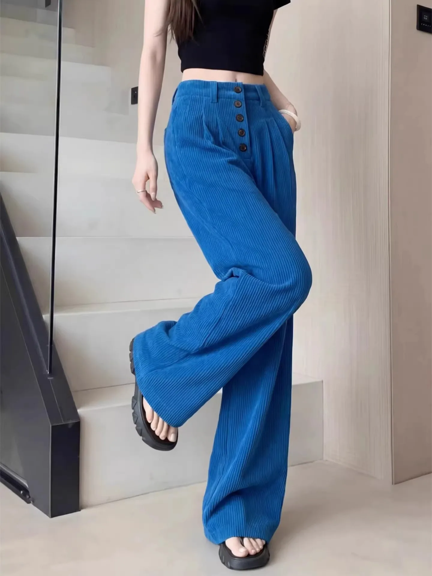 

Spring 2026 High Waist Wide Leg Pants Women's Casual Sle Blue Corduroy Drapey Loose Fit Slimming Effect Comfortable Trousers