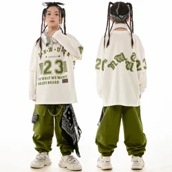 Hip Hop Dance Clothes For Girls Jazz Practice Wear White Long Sleeves Tops Green Pants Boys Teenagers Casual Clothing BL11644