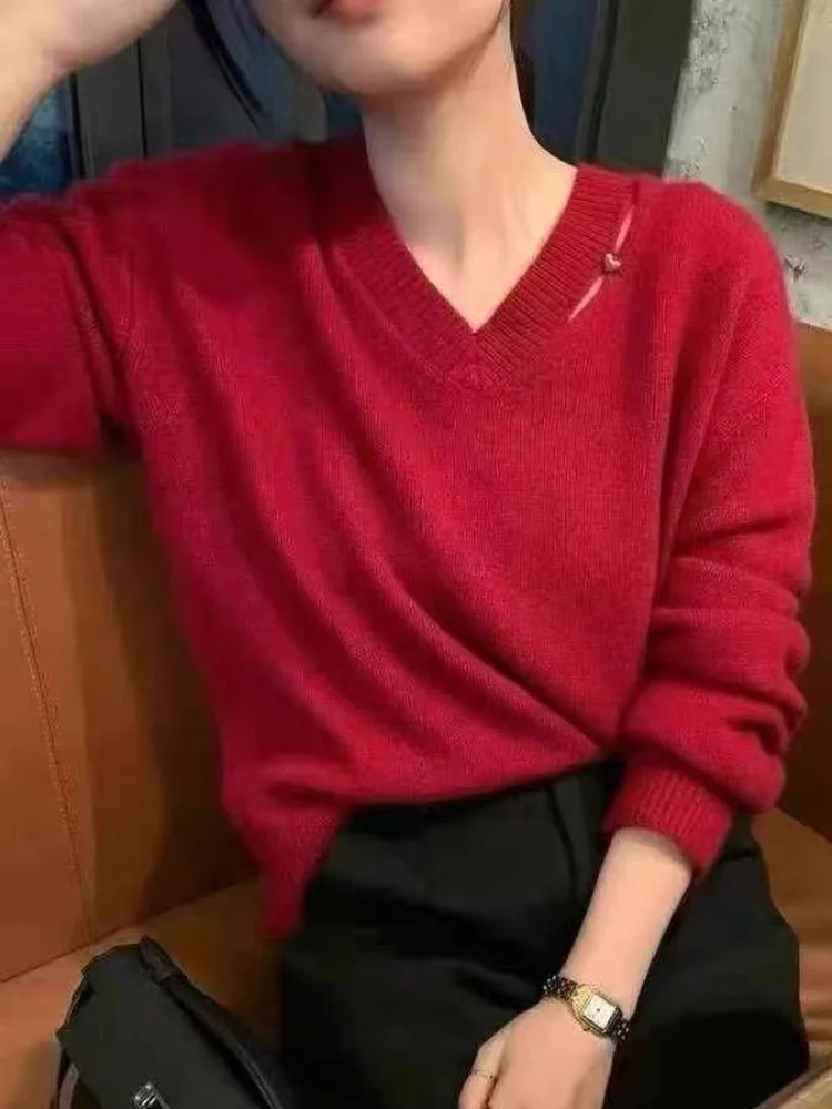 

Red Knitted 00 Pure Wool Sweater Women Loose Long Sve V-Ne Autumn Winter Faion Casual Comfortable Warm Fitted Base La...