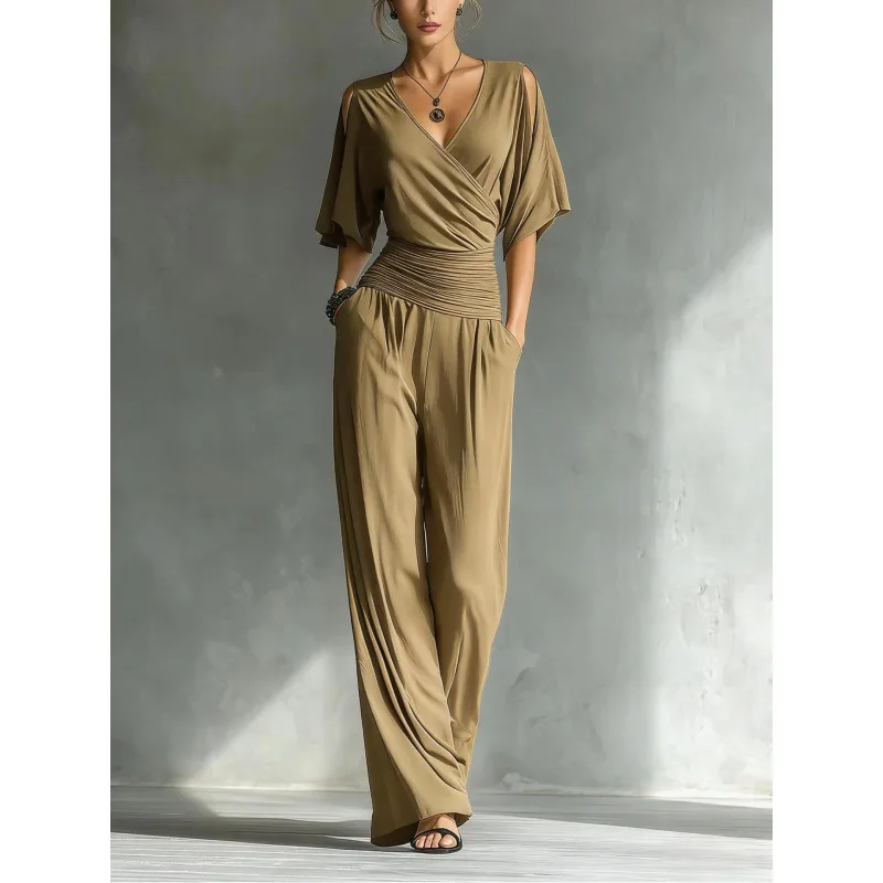 

Women's Fashion Casual Jumpsuit V-neck High Waist V-neck Half Sleeve Slim Fit Jumpsuit Elegant Office Wide Leg Trousers Jumpsuit
