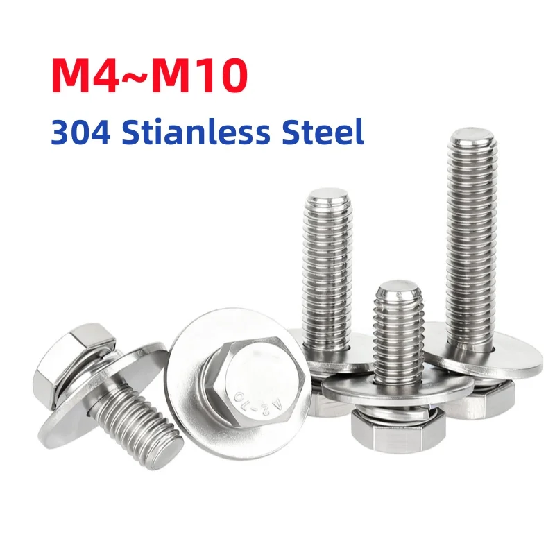 M4 M5 M6 M8 M10 304 Stianless Steel External Hex Hexagon Head Screw Large Flat Washer Spring Gasket Assemble Bolt