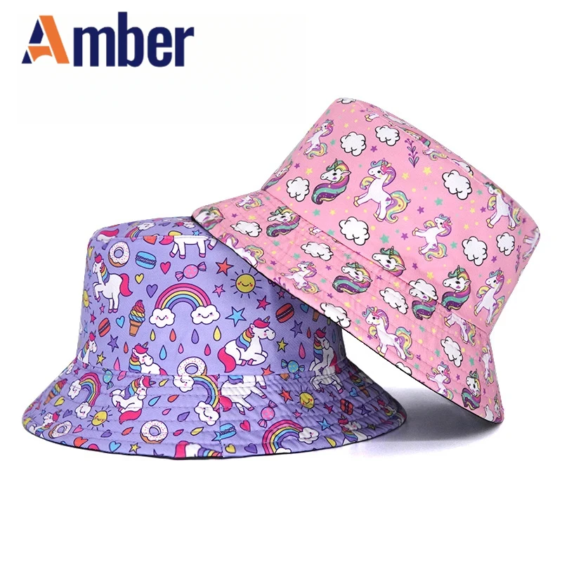 

Amber Children Bucket Hat Cartoon Unicorn Printing Girls Kids Fisherman Hats Pink Pattern Reversible Cap Summer Outdoor Sun Cap