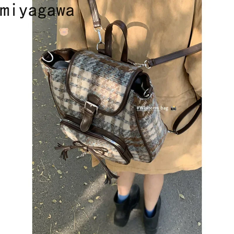 Miyagawa Checkered Woolen Backpack for Women New Korean Tote Bag College Style Large Capacity Backpacks