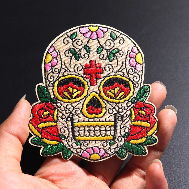 Punk rose skull size: 8x8.5cm Cloth Embroidered Applique Sewing Clothes DIY Apparel Accessories coat Badges