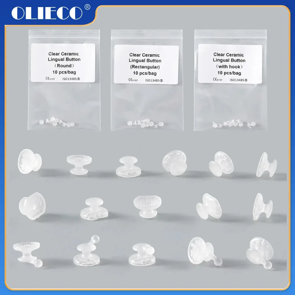 10 sztuk / worek Dental Orthodontic Composite Clear Ceramic Lingual Buttons for Bondable Round Rectangular Base Ortho Material Lab