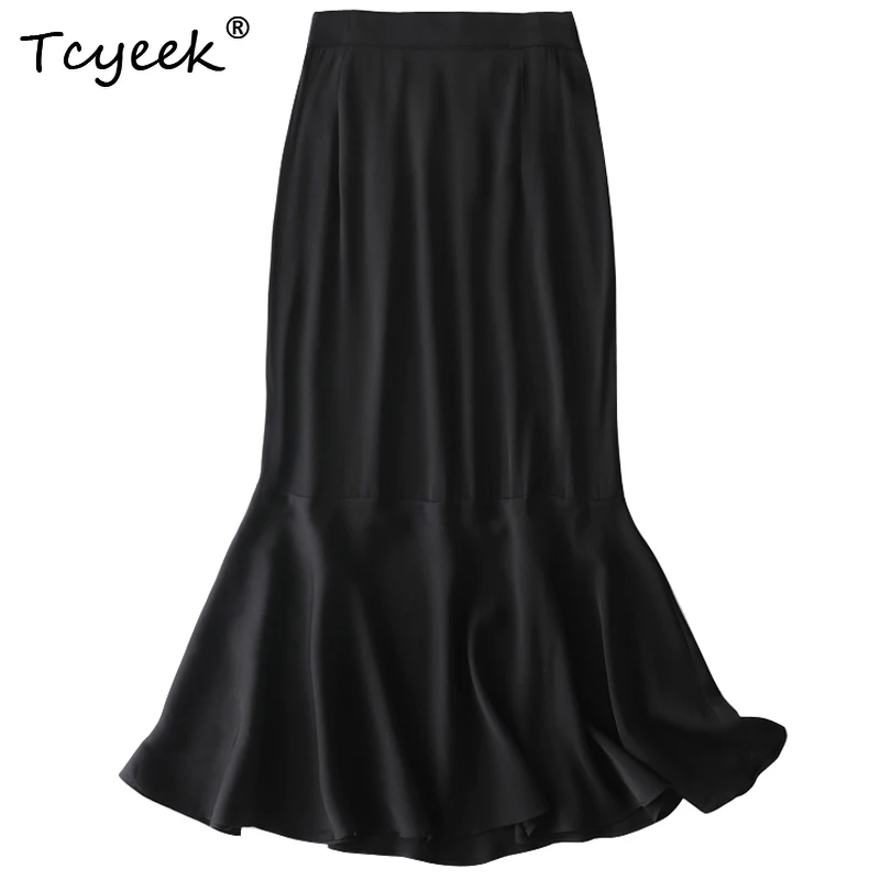 Tcyeek 93% Mulberry Silk Black Skirts Woman Clothes Fashion Summer Skirt 19Mm Silk Elegant Skirts for Women Slim Fit Falda Mujer