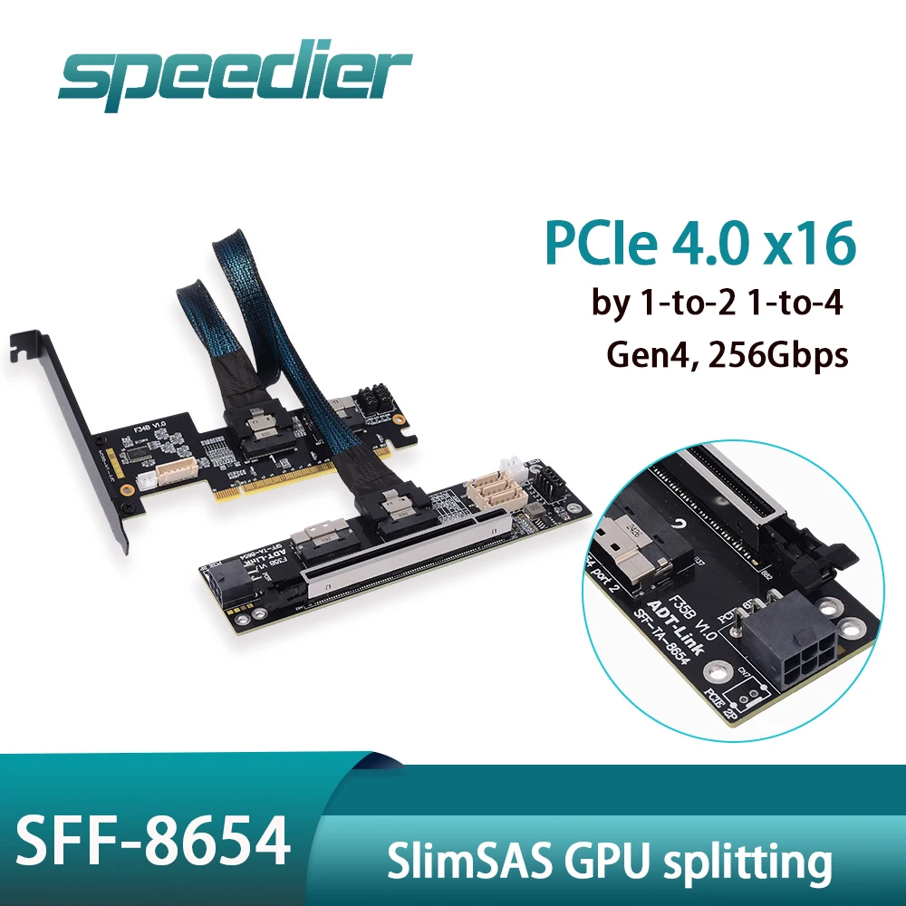 PCIe 4.0 x16 SlimSAS Splitter Extension Riser Cable Adapter card for GPU Graphics Card 1-to-2 ,1-to-4 SFF-8654 Gen4 256Gbps 1m