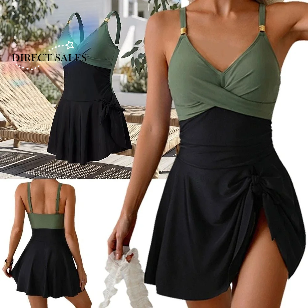 

Модный женский купальник Slim Fit с плиссировкой, без рукавов, летний, пляжный, с V-образным вырезом, юбка-купальник для женщин