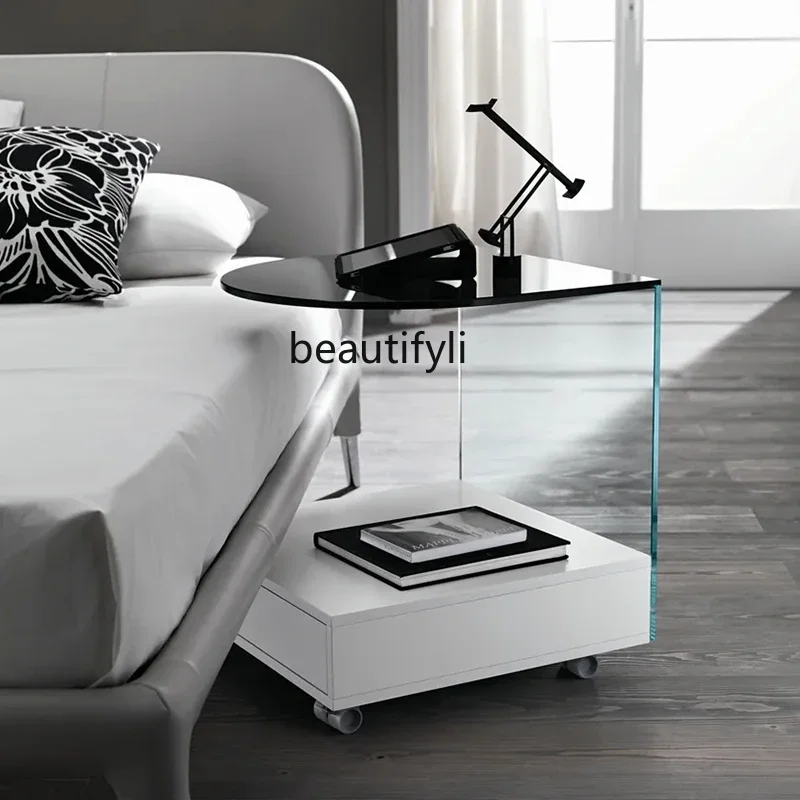 Italian Minimalist Solid Wood Bedside Cabinet Vintage Storage Cabinet Living Room Sofa Side Table with Wheels