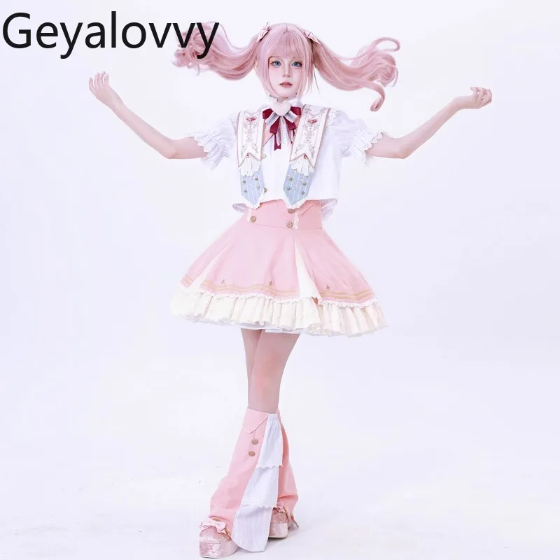 Camisa blanca de manga corta con cuello levantado de Lolita, falda corta de cintura alta, pantalones cortos, conjunto versátil para niñas dulces, Original japonés