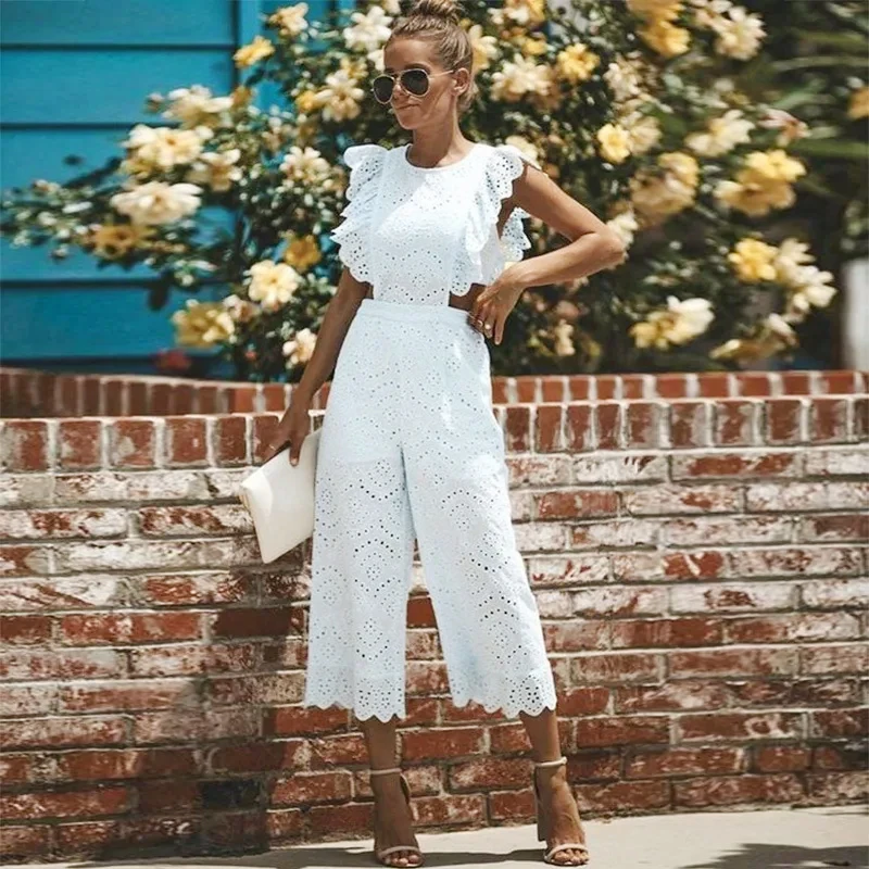 

Elegant Fly Sleeve O Neck White Jumpsuits Women Summer New Calf-length Jumpsuit Fashion Hollow Out Rompers High Waist Playsuits