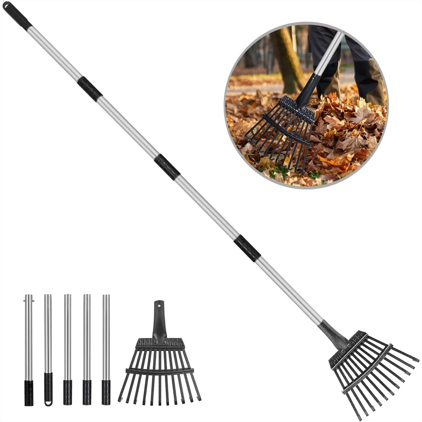 

Small Leaf Rake with 11 Metal Tines, 33-68 Inch Adjustable Handle for Shrub, Flower Bed & Small Area