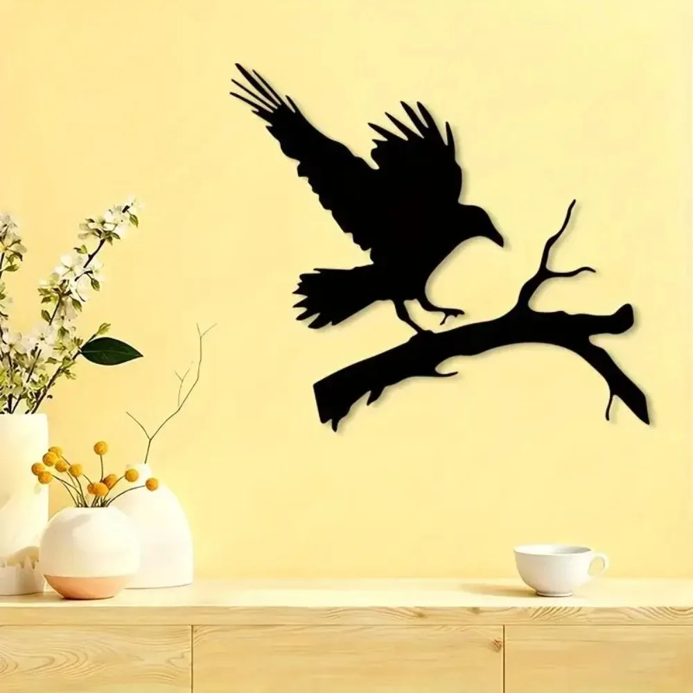 1PC Gothic Crow Aluminum Tin Wall Art Realistic Perching Bird Pattern Vintage Style Art Poster Home Living Room Indoor Wall Deco - view 3