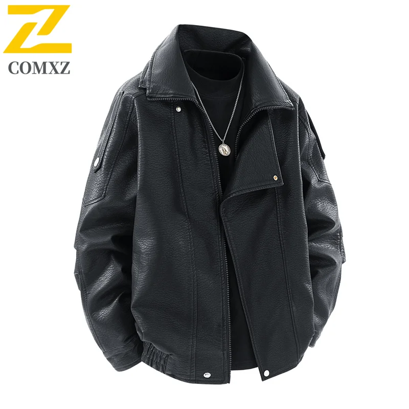 COMXZ Autumn PU Leather Coat Men Classic Lapel Camping Comfort Jacket Casual Hiking Windproof Multi Function Autumn Clothing