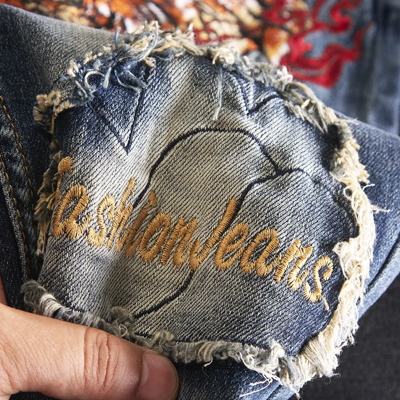 Tiger embroidery printed jeans for men, fashionable, high-end, trendy, personalized, slim fit, elastic denim pants