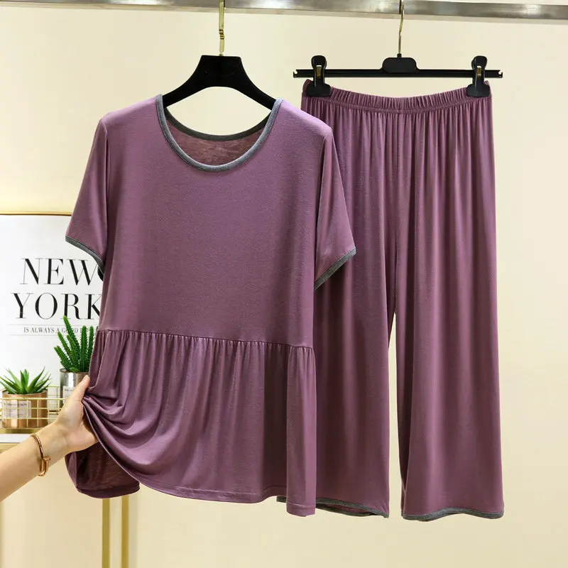 Conjuntos De Pijama New Modal Sleepwear Women Casual Short Sleeve Capri Pants Set Casual Ladies Pajamas Home Wear Clothes