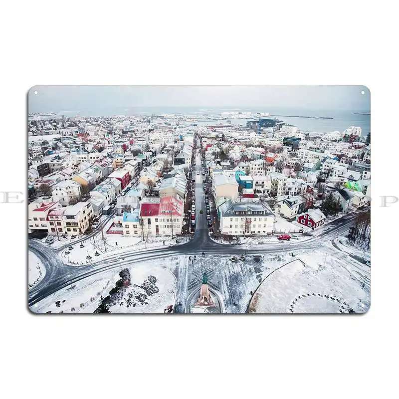 View Over Reykjavik From The Clock Tower Just After Sunrise On A Wintry Day Metal Plaque Poster Printed Tin Sign Poster