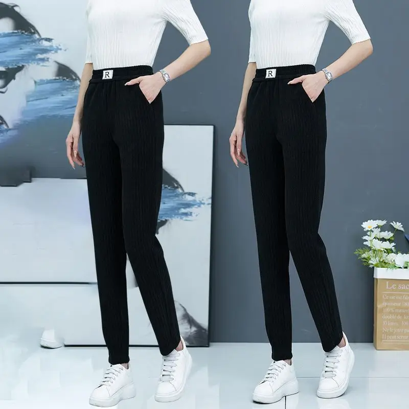 Simplicity Casual Autumn/Winter Women\'s Solid Elastic High Waist Pockets Plus Velvet Fashion All-match Haren Ankle Length Pants