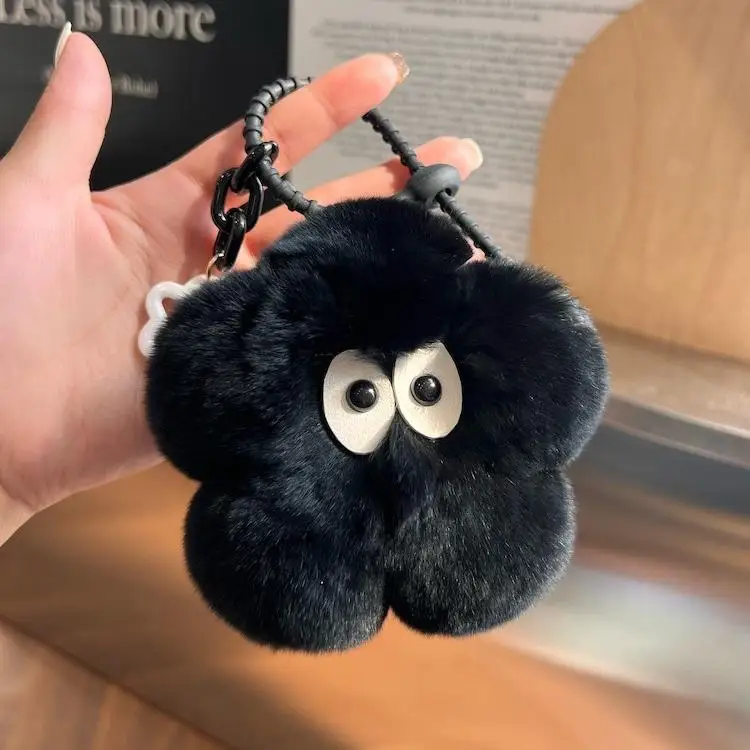 

Cute Little Flower Black Rabbit Fur Car Keychain Pendant Trendy Ins Plush Ball Bag Decorations Bunny Ears Key Holder Accessories