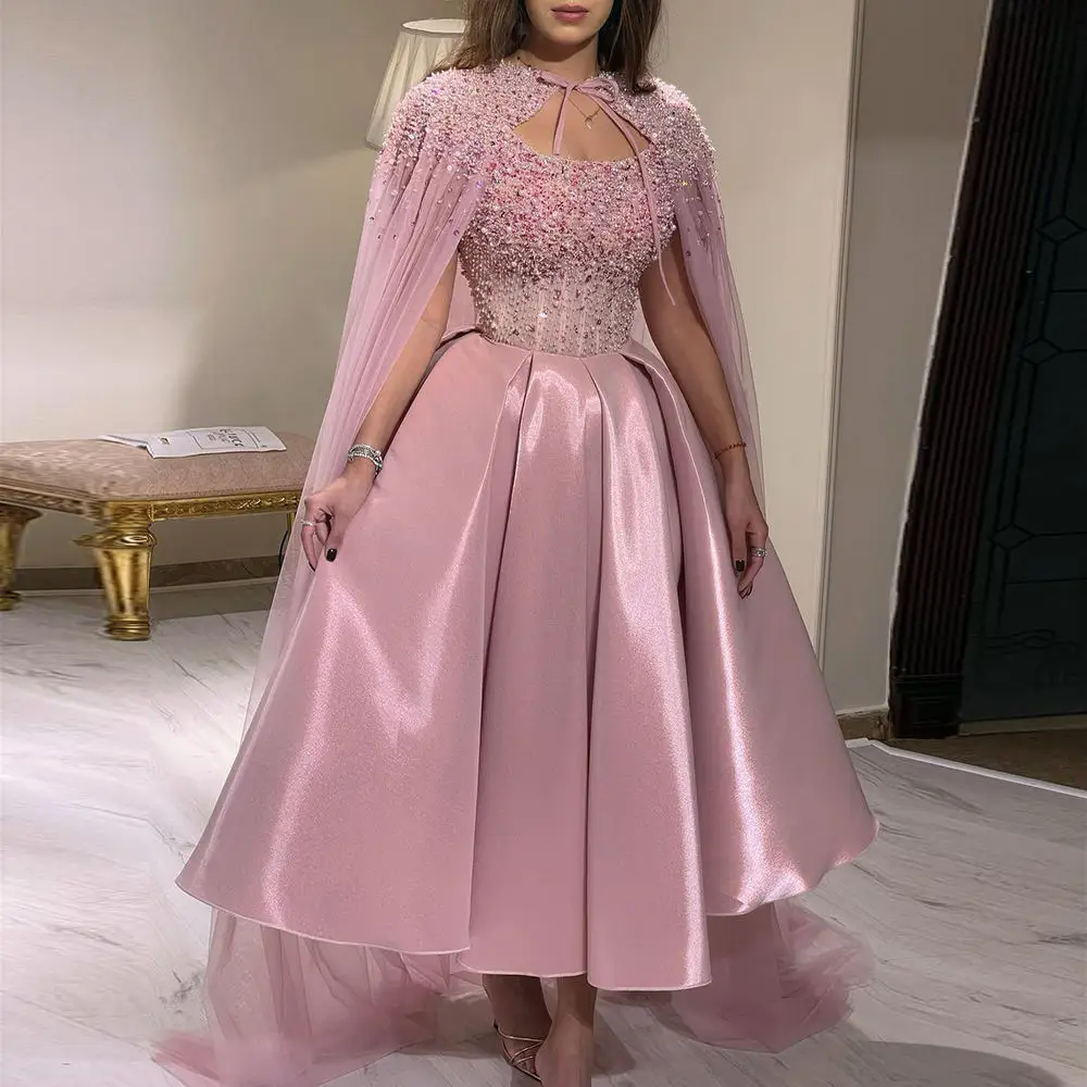 Luxury Dubai Blush Pink Arabic Evening Dress With Cape 2023 Ankle Length Short Midi Women Wedding Party Dress Vestido De Noche