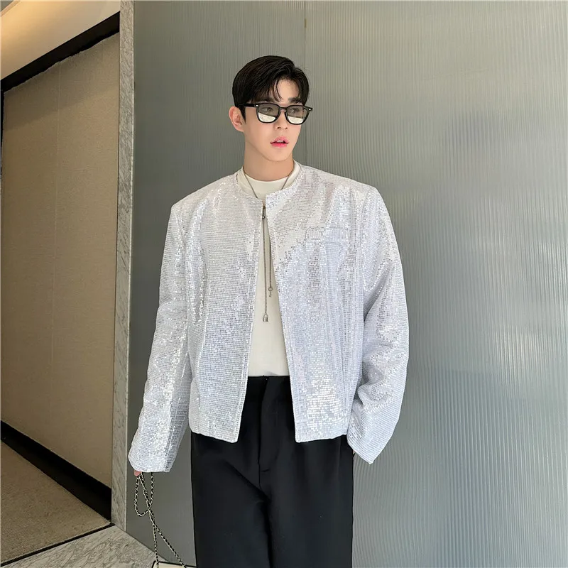 

Модный мужской костюм с серебряными пайетками для выступлений, осенняя одежда, приталенный крой, защита от морщин, полиэстер