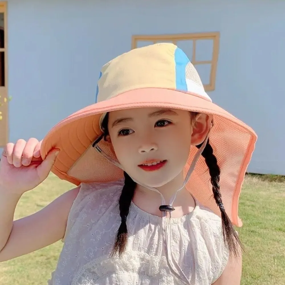 Neuer Baby-Sonnenhut mit Nackenschutz, UV-Schutz, Polyester-Bucket-Hat mit Riemen, atmungsaktiver Strandhut mit breiter Krempe für den Sommer