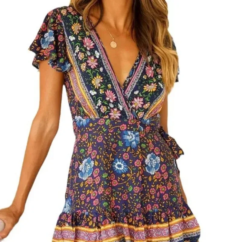 Women\'s S-XL size New Summer V-neck Sexy Bohemian Printed Dress Short Skirt Lace up Women\'s Wear Women\'s dress Bohemian wind