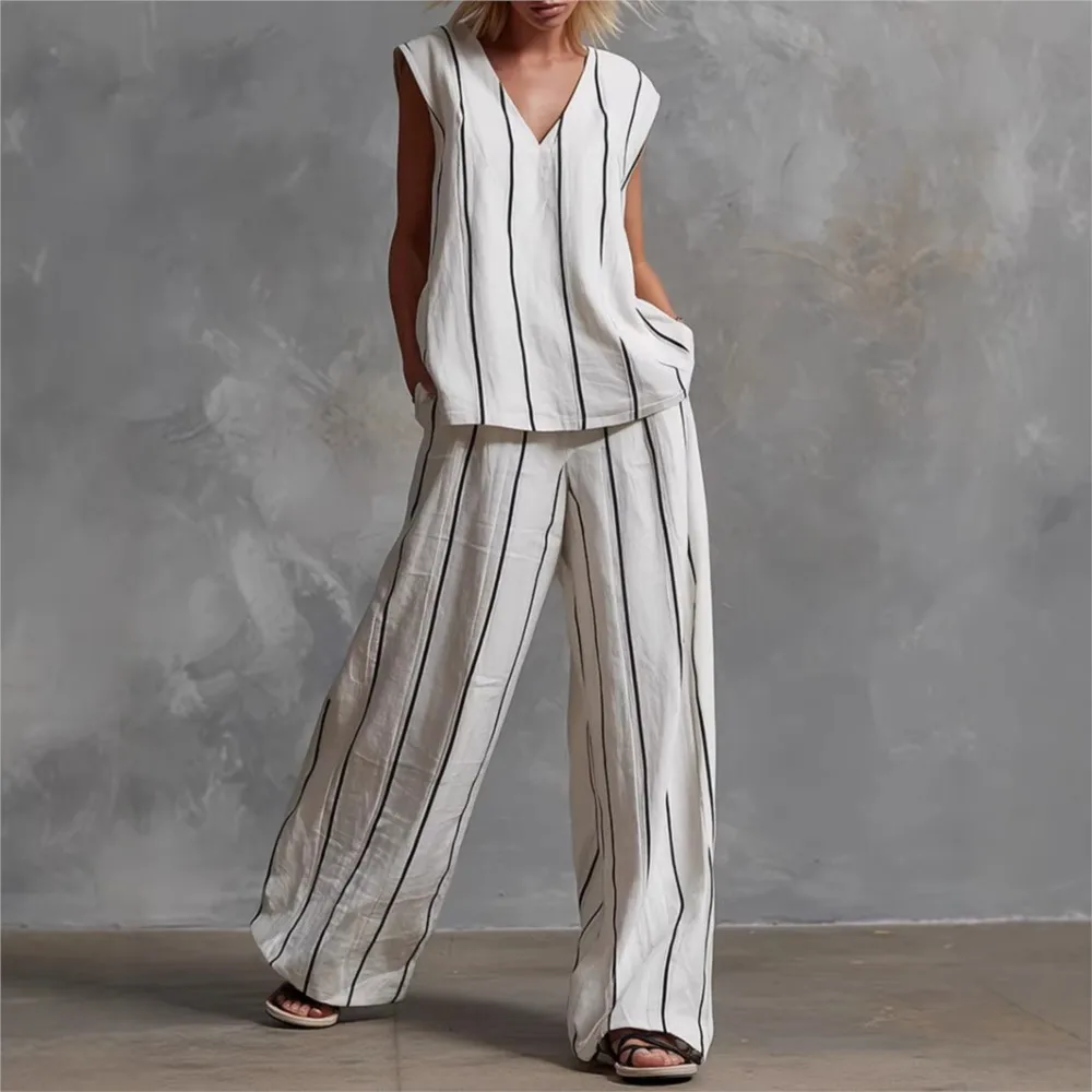 

Black White Vertical Striped Loose Top+Wide Leg Pants Two-piece Summer Women's Loose Cotton Linen Trousers Set Костюм Женский