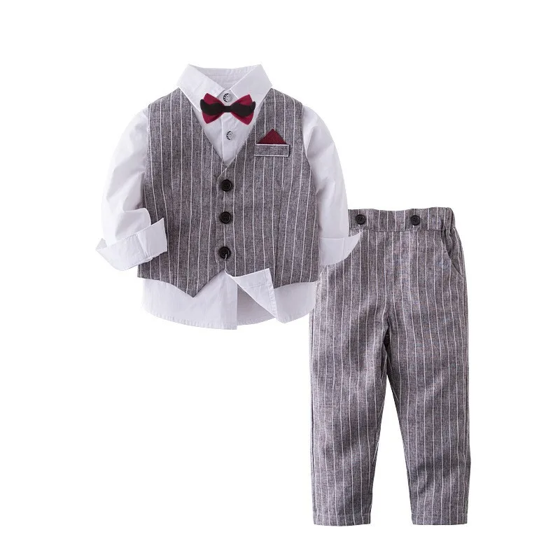 Spring Autumn Boys 3pcs Formal Outfit Blue Print Shirt Grey Striped Vest Pants Gentle Suit Toddler Birthday Wedding Party Wear