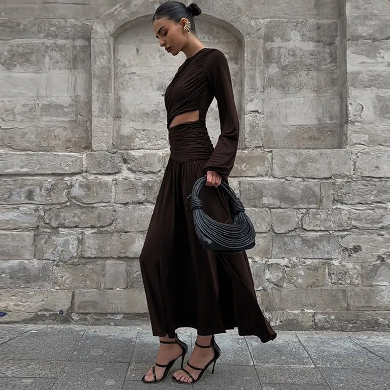 Herfst Winter Dames Casual Jurk Nieuwe Effen Kleur Maxi Lengte Ronde Hals Lange Mouw Ruches Uitsparing Taille Met Split Ropa Mujer