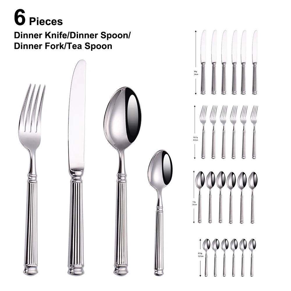 6Pcs Sliver Cutlery Stainless Steel Western Tableware Vintage Elegant Dinner Set Roman Handle Knife Spoon Fork Kitchen Utensils