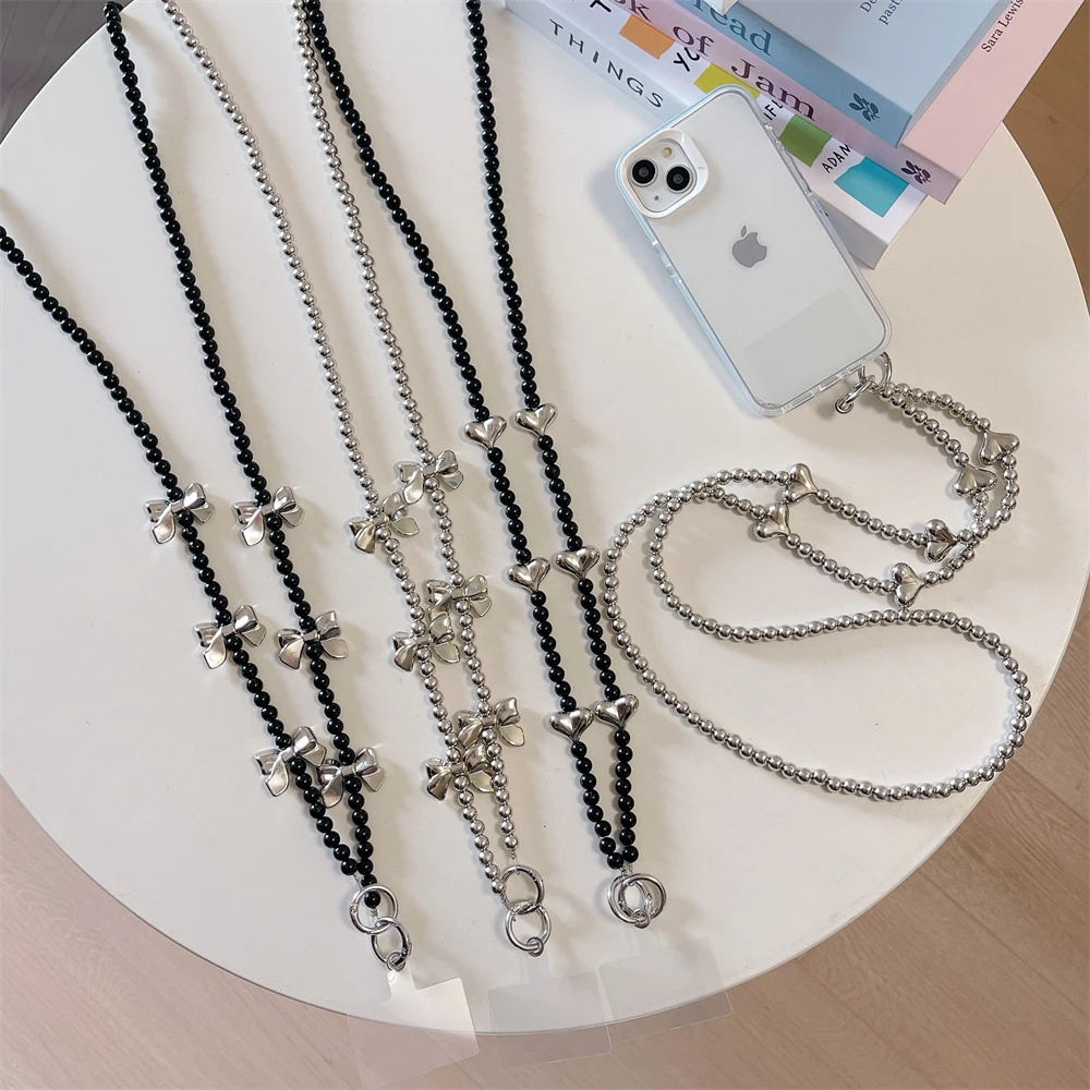 Stylish Silvery Bow Beads Crossbody Lanyard Strap Phone Bracelet Luxury Chain Phone Pendant Charm Anti-Lost Lanyard Jewelry